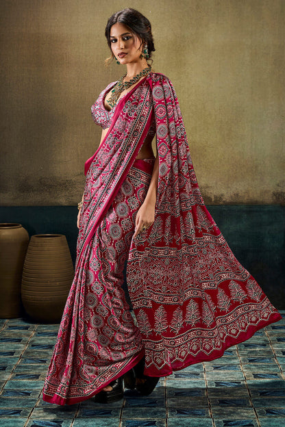 Mellifluous Dark Pink Ajrakh Printed Satin Silk Saree With Serendipity Blouse Piece