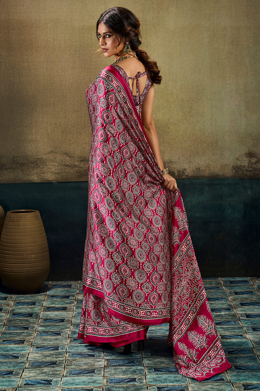Mellifluous Dark Pink Ajrakh Printed Satin Silk Saree With Serendipity Blouse Piece