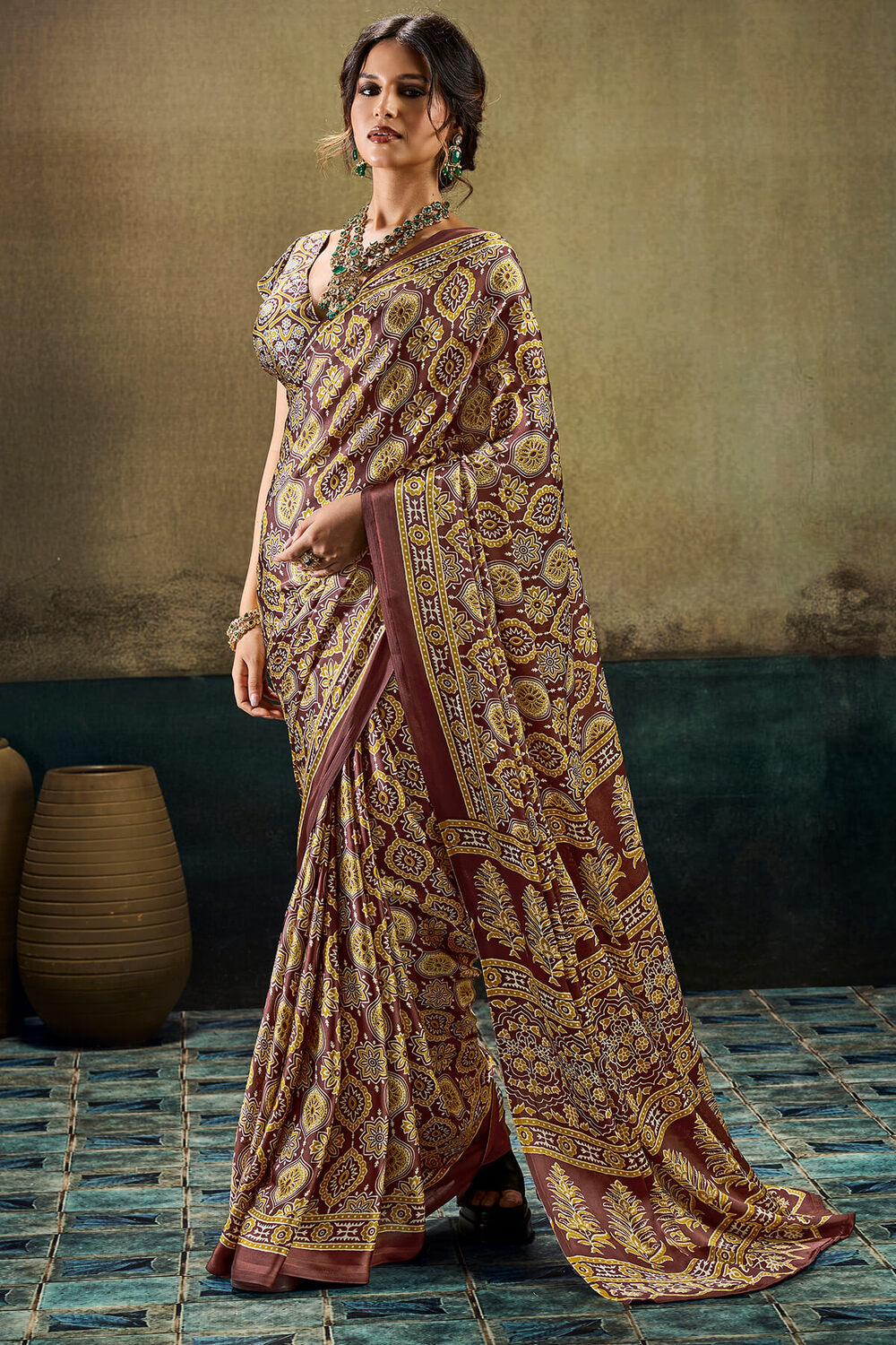 Demesne Brown Ajrakh Printed Satin Silk Saree With Transcendent Blouse Piece