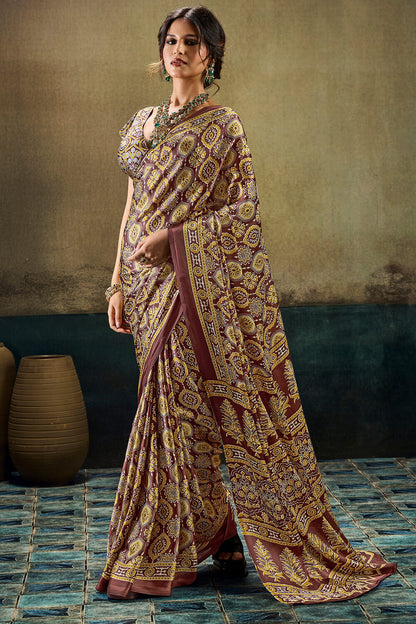 Demesne Brown Ajrakh Printed Satin Silk Saree With Transcendent Blouse Piece