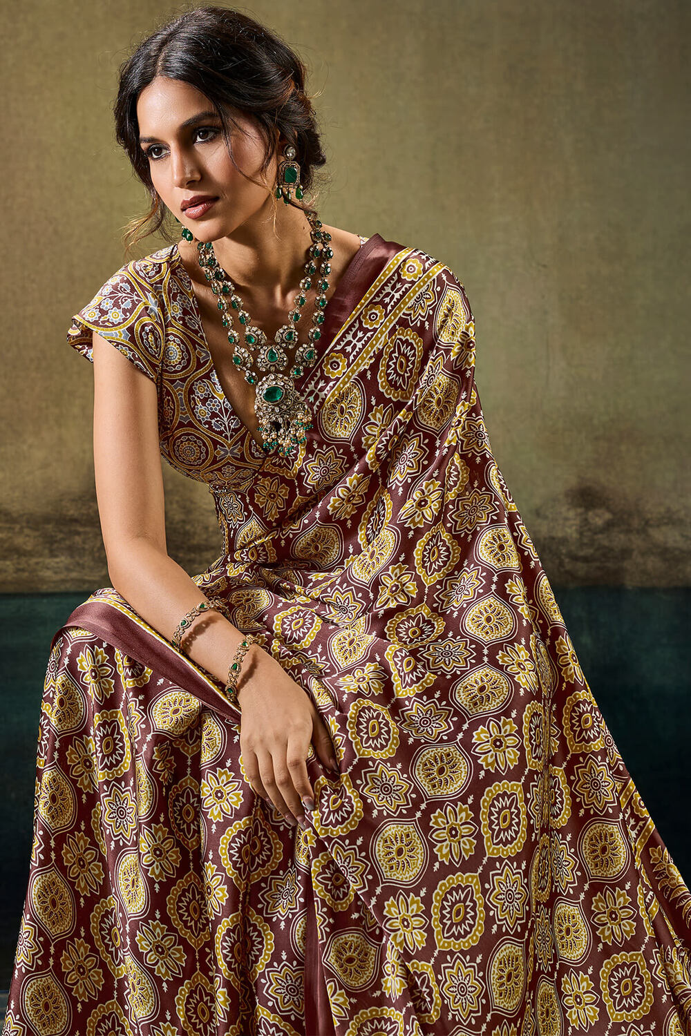 Demesne Brown Ajrakh Printed Satin Silk Saree With Transcendent Blouse Piece