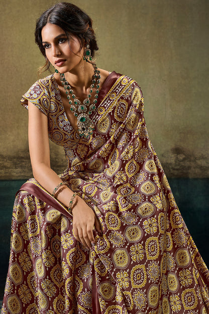 Demesne Brown Ajrakh Printed Satin Silk Saree With Transcendent Blouse Piece