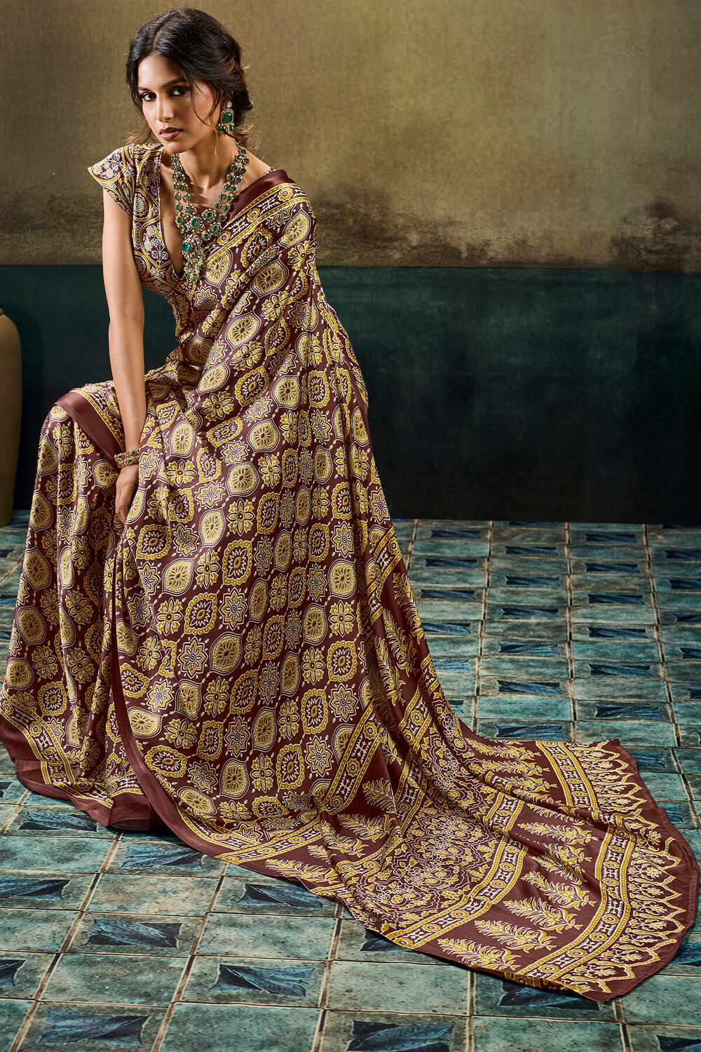 Demesne Brown Ajrakh Printed Satin Silk Saree With Transcendent Blouse Piece