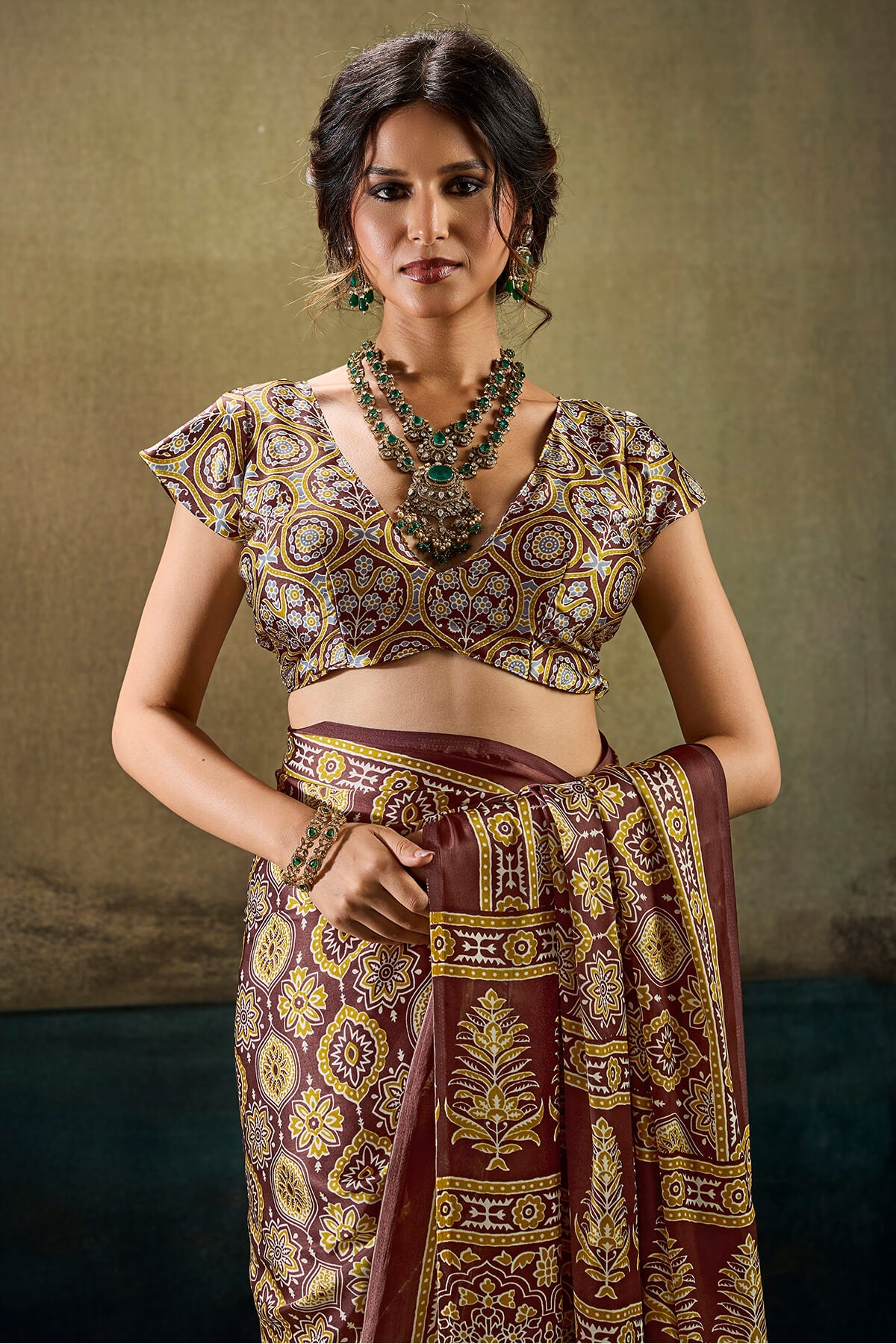 Demesne Brown Ajrakh Printed Satin Silk Saree With Transcendent Blouse Piece