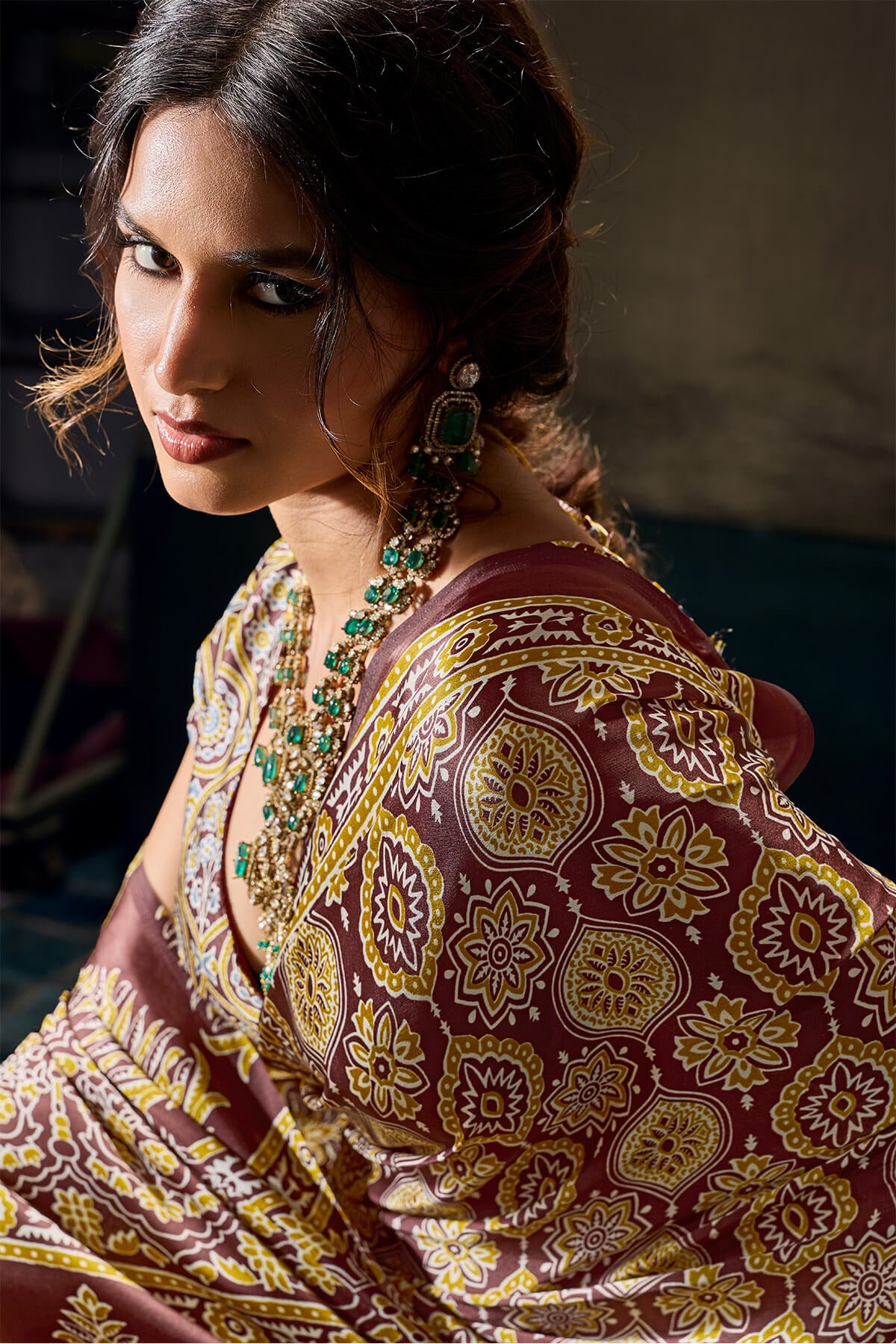 Demesne Brown Ajrakh Printed Satin Silk Saree With Transcendent Blouse Piece