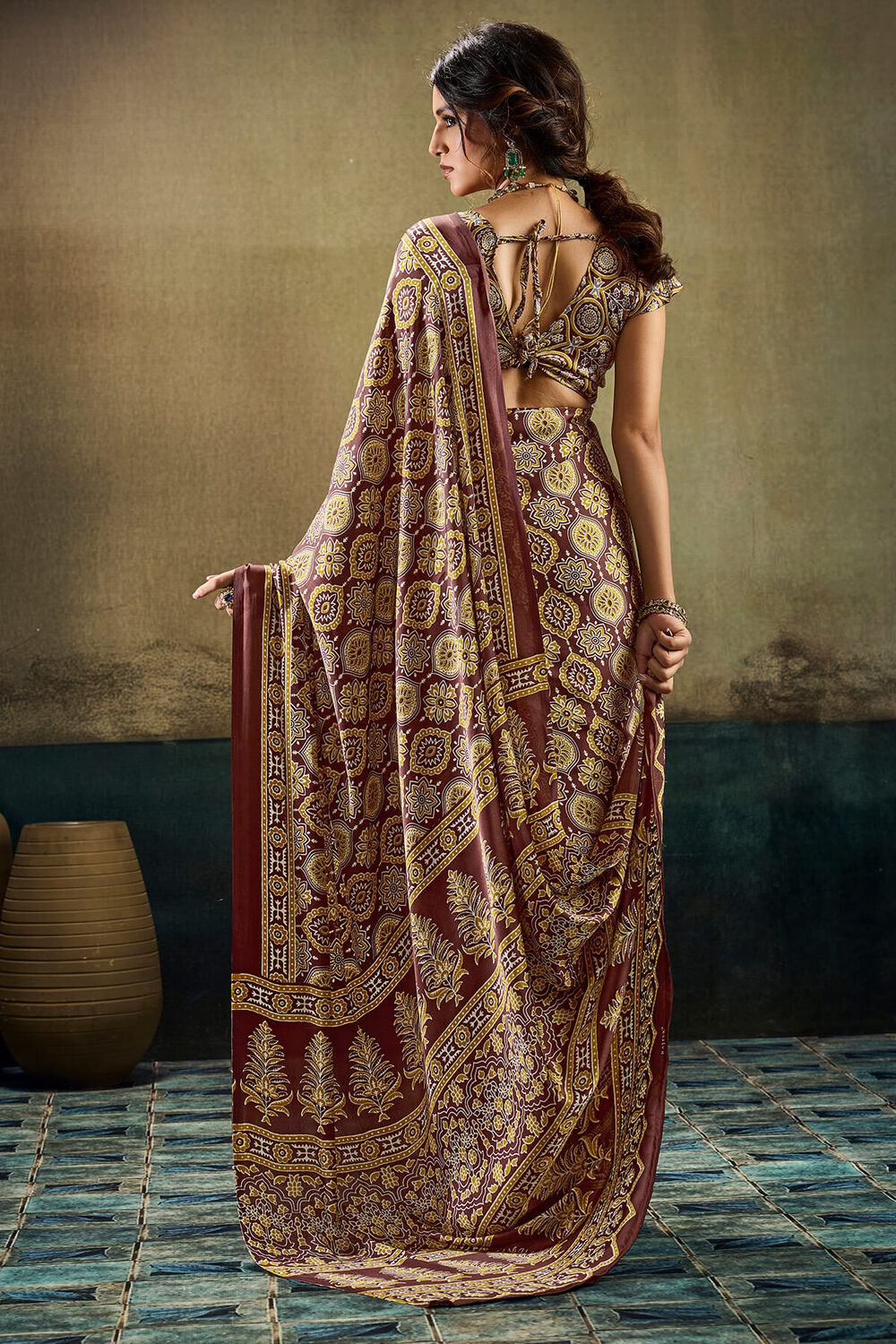Demesne Brown Ajrakh Printed Satin Silk Saree With Transcendent Blouse Piece