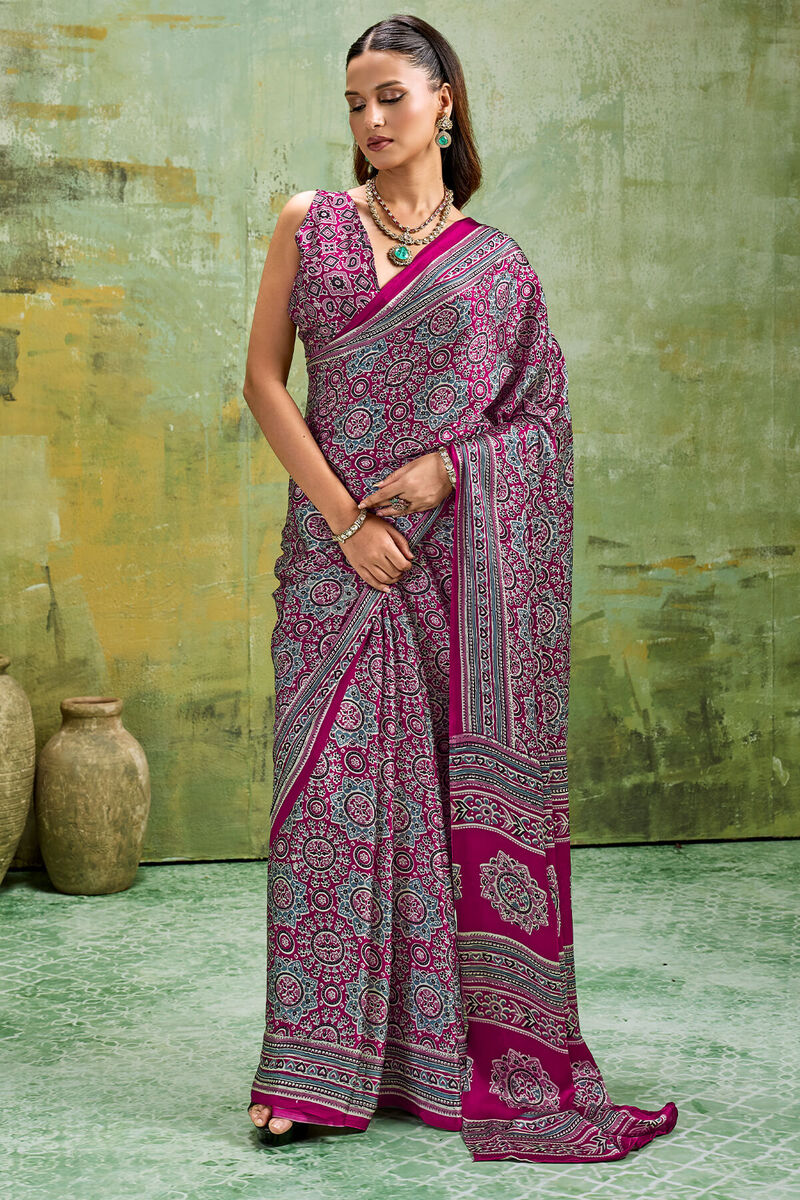 Fairytale Wine Ajrakh Printed Satin Silk Saree With Propinquity Blouse Piece