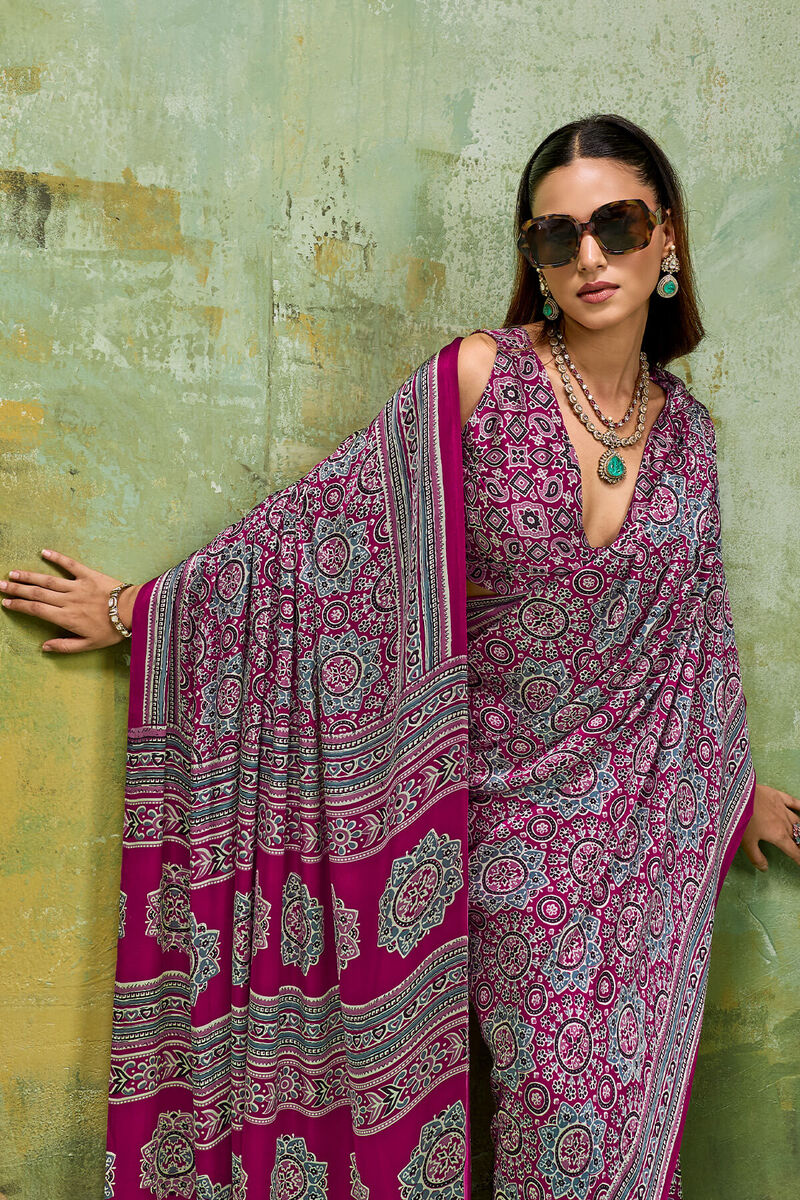 Fairytale Wine Ajrakh Printed Satin Silk Saree With Propinquity Blouse Piece