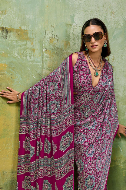 Fairytale Wine Ajrakh Printed Satin Silk Saree With Propinquity Blouse Piece