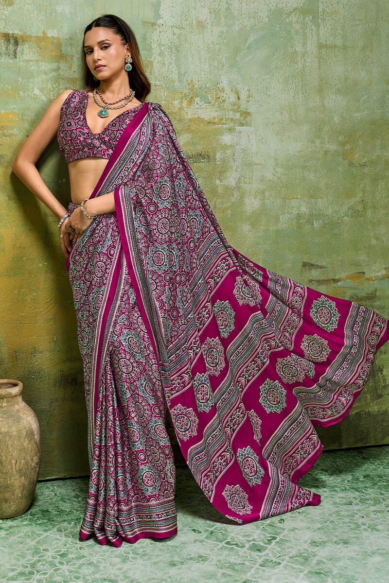 Fairytale Wine Ajrakh Printed Satin Silk Saree With Propinquity Blouse Piece