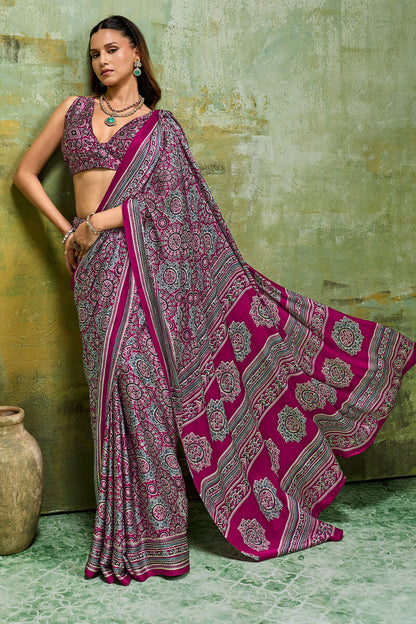 Fairytale Wine Ajrakh Printed Satin Silk Saree With Propinquity Blouse Piece