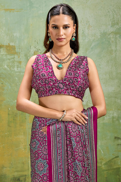 Fairytale Wine Ajrakh Printed Satin Silk Saree With Propinquity Blouse Piece