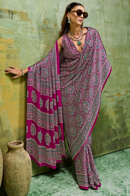 Fairytale Wine Ajrakh Printed Satin Silk Saree With Propinquity Blouse Piece