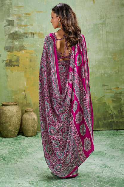 Fairytale Wine Ajrakh Printed Satin Silk Saree With Propinquity Blouse Piece