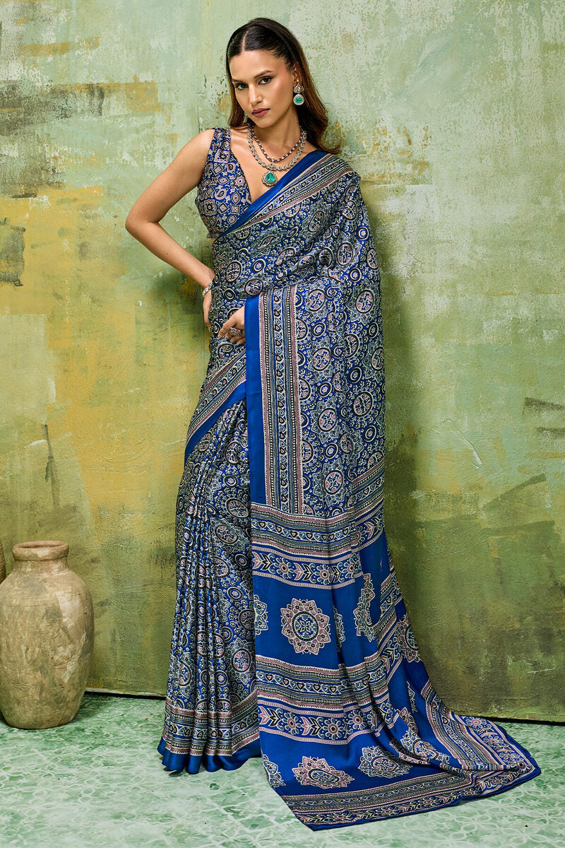 Super classy Blue Ajrakh Printed Satin Silk Saree With Smart Blouse Piece
