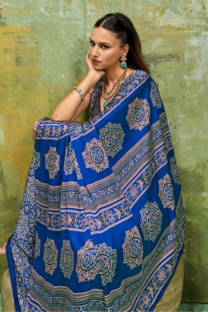 Super classy Blue Ajrakh Printed Satin Silk Saree With Smart Blouse Piece