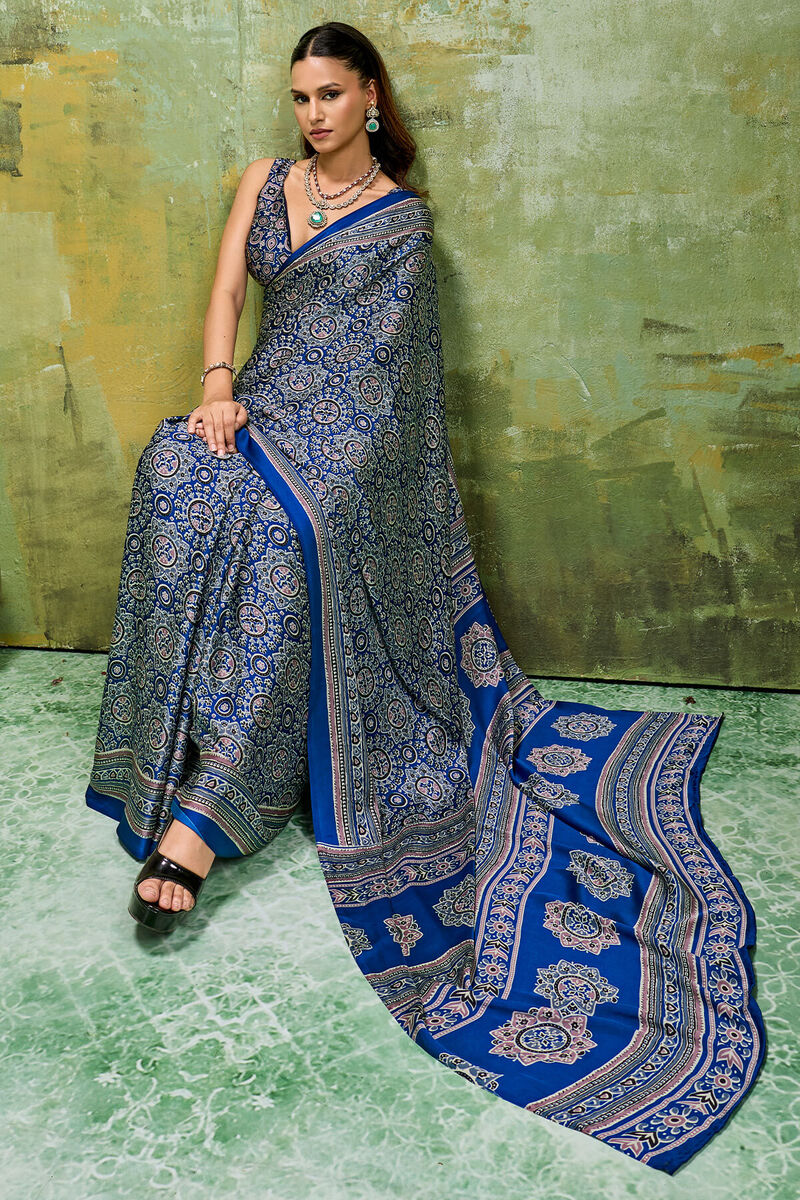 Super classy Blue Ajrakh Printed Satin Silk Saree With Smart Blouse Piece