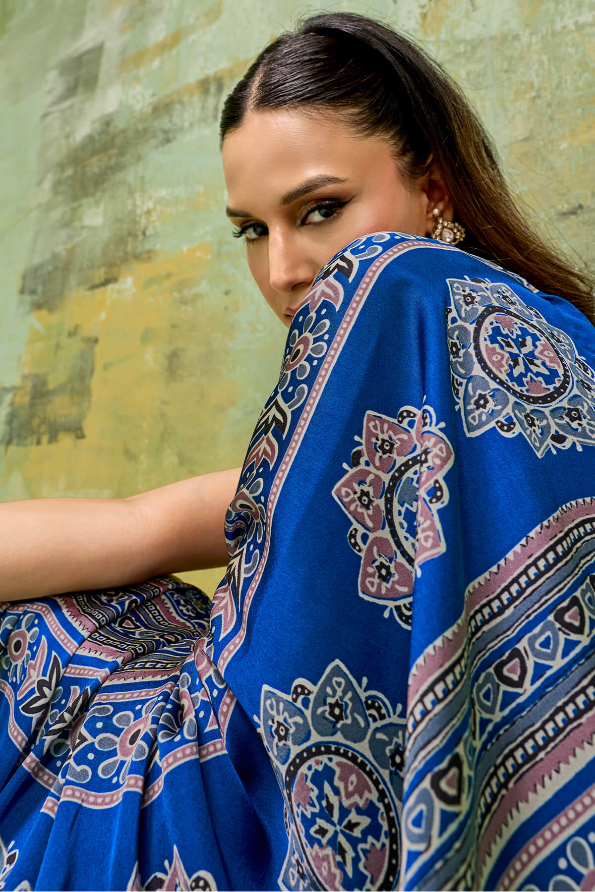 Super classy Blue Ajrakh Printed Satin Silk Saree With Smart Blouse Piece