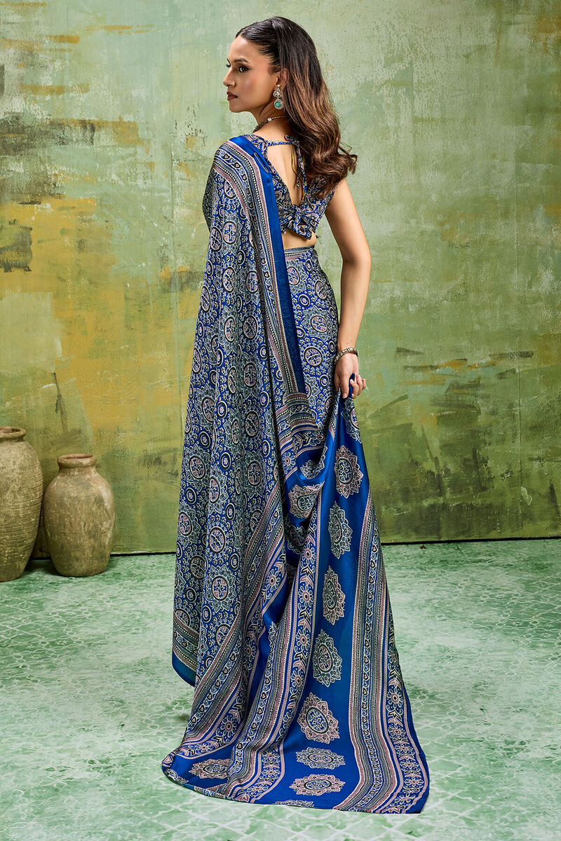 Super classy Blue Ajrakh Printed Satin Silk Saree With Smart Blouse Piece
