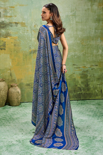 Super classy Blue Ajrakh Printed Satin Silk Saree With Smart Blouse Piece