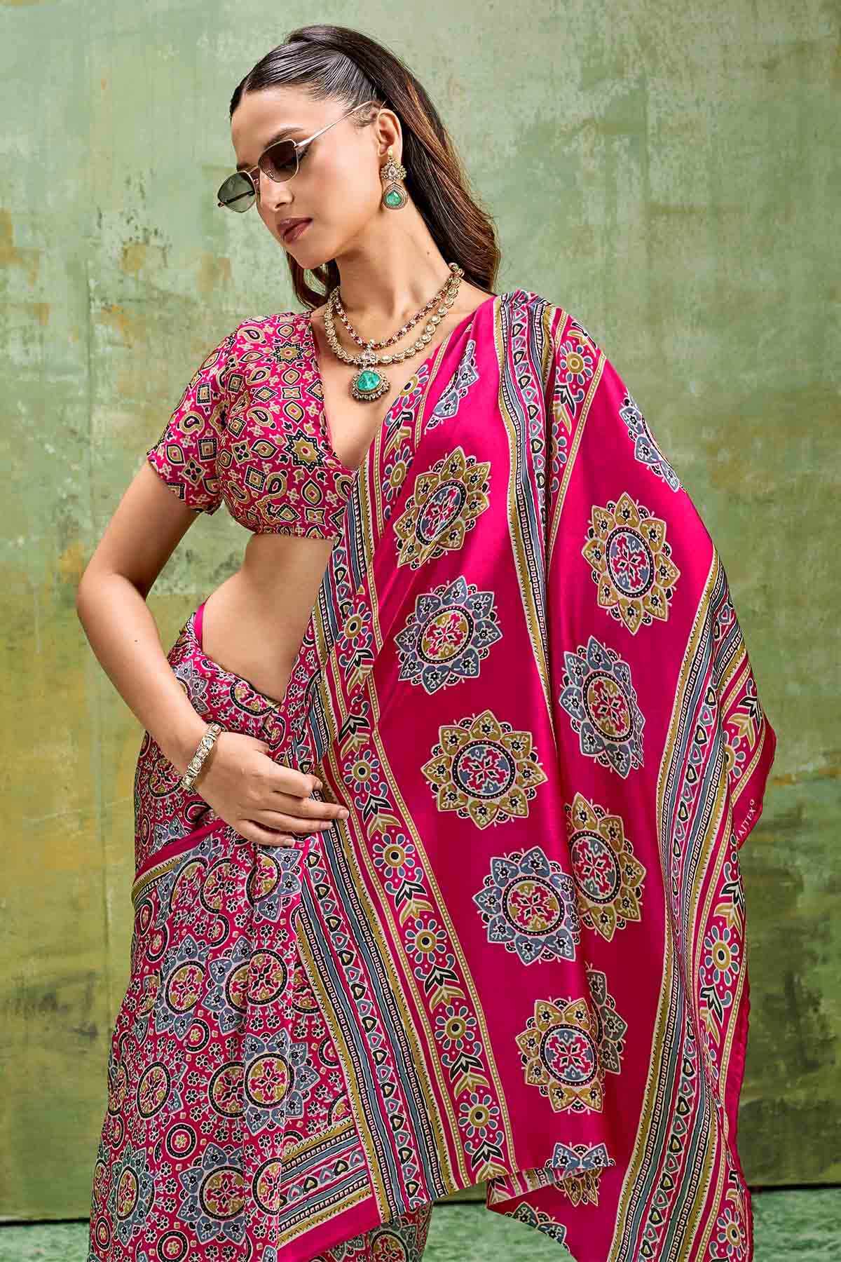 Impressive Dark Pink Ajrakh Printed Satin Silk Saree With Breathtaking Blouse Piece