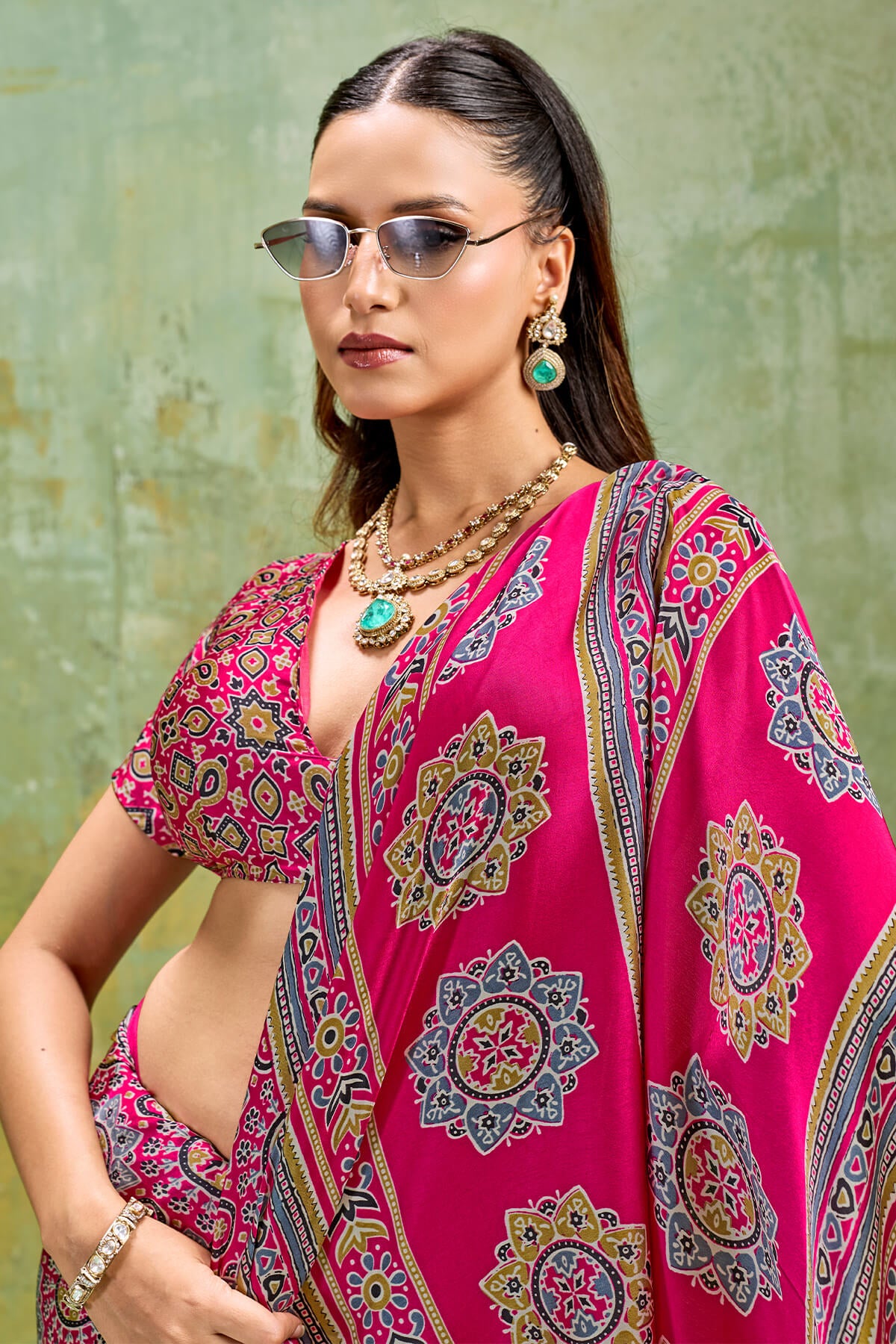 Impressive Dark Pink Ajrakh Printed Satin Silk Saree With Breathtaking Blouse Piece
