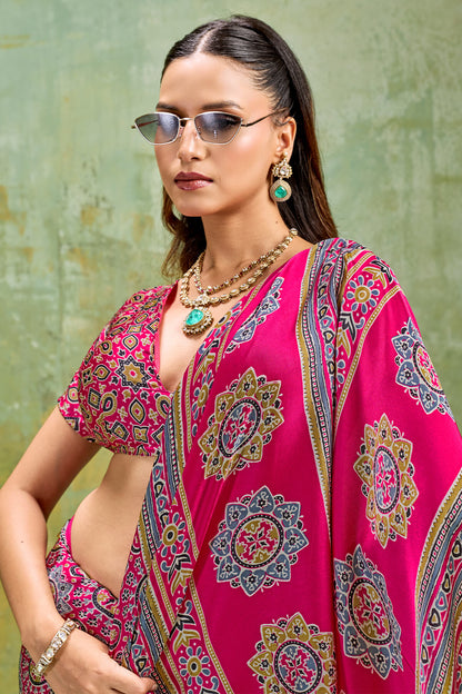 Impressive Dark Pink Ajrakh Printed Satin Silk Saree With Breathtaking Blouse Piece