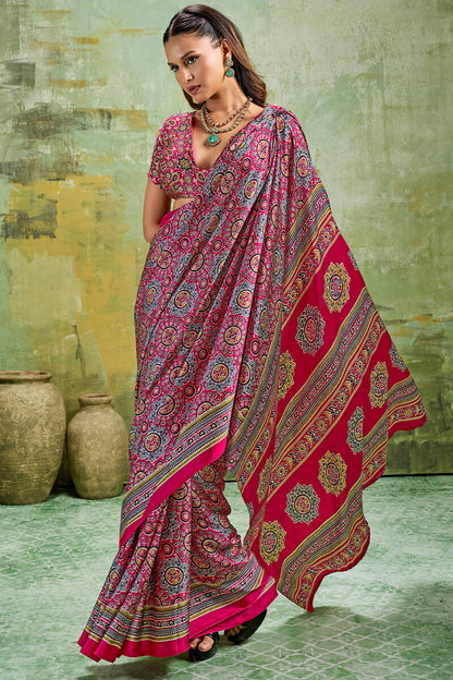 Impressive Dark Pink Ajrakh Printed Satin Silk Saree With Breathtaking Blouse Piece