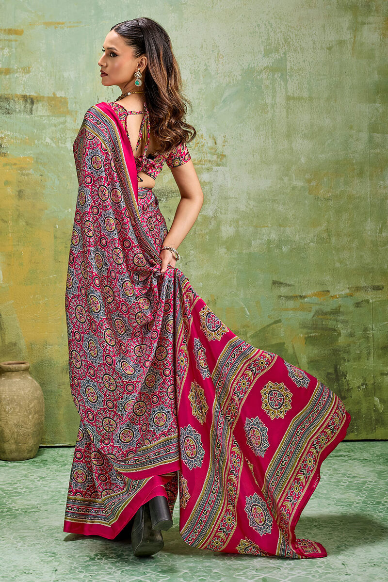 Impressive Dark Pink Ajrakh Printed Satin Silk Saree With Breathtaking Blouse Piece