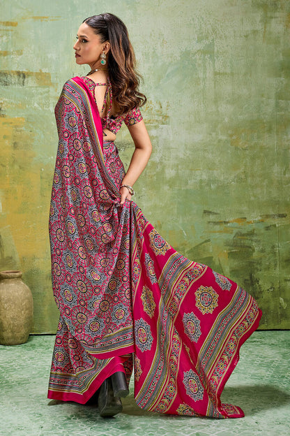 Impressive Dark Pink Ajrakh Printed Satin Silk Saree With Breathtaking Blouse Piece