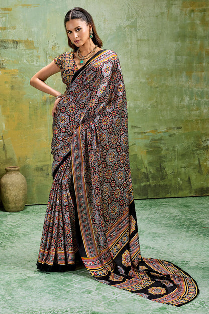 Sizzling Black Ajrakh Printed Satin Silk Saree With Prominent Blouse Piece
