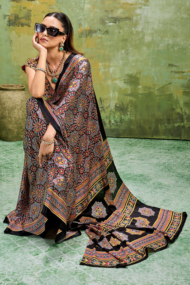 Sizzling Black Ajrakh Printed Satin Silk Saree With Prominent Blouse Piece