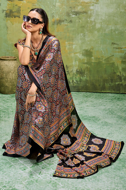 Sizzling Black Ajrakh Printed Satin Silk Saree With Prominent Blouse Piece