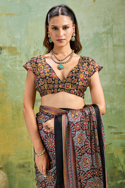 Sizzling Black Ajrakh Printed Satin Silk Saree With Prominent Blouse Piece