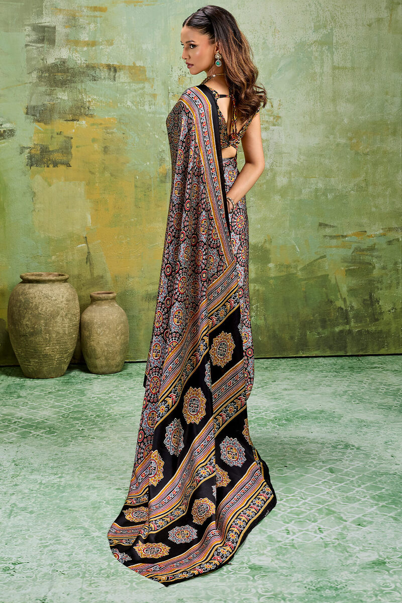 Sizzling Black Ajrakh Printed Satin Silk Saree With Prominent Blouse Piece