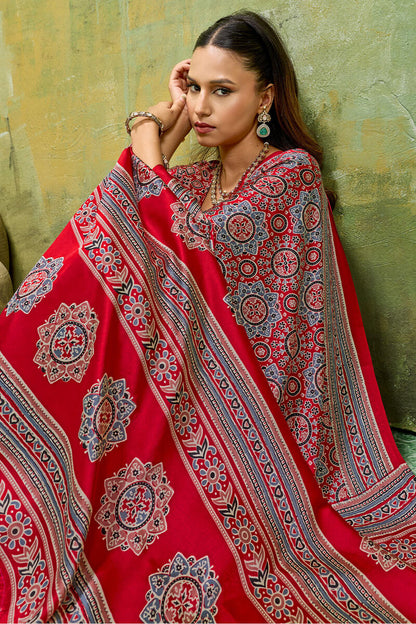 Staggering Red Ajrakh Printed Satin Silk Saree With Splendorous Blouse Piece