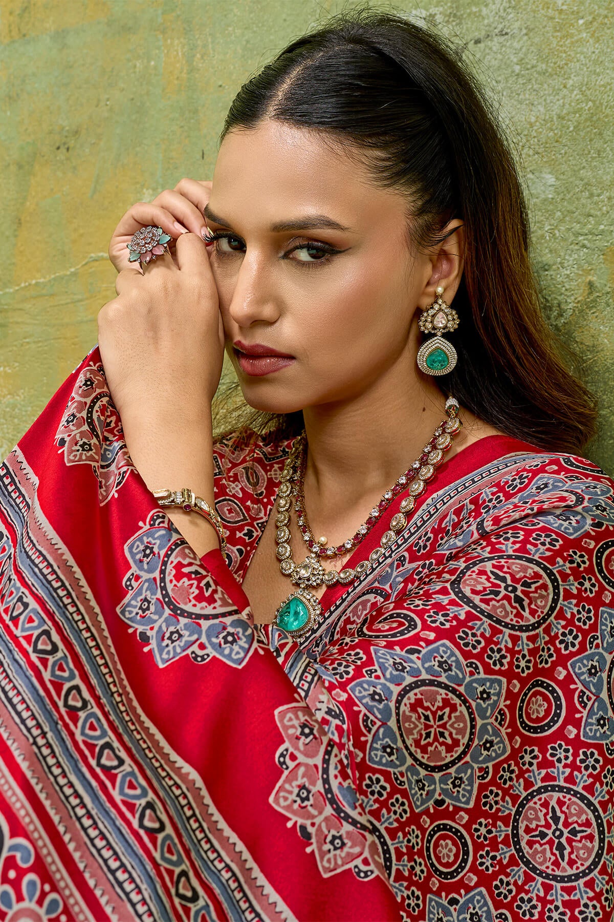 Staggering Red Ajrakh Printed Satin Silk Saree With Splendorous Blouse Piece
