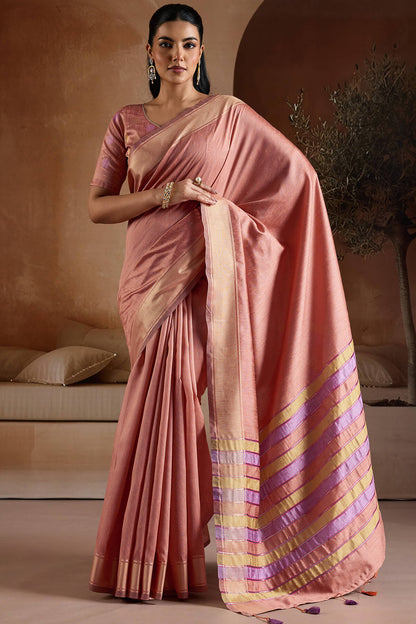 Splendorous Peach Soft Banarasi Bhagalpuri Silk Saree With Evanescent Blouse Piece