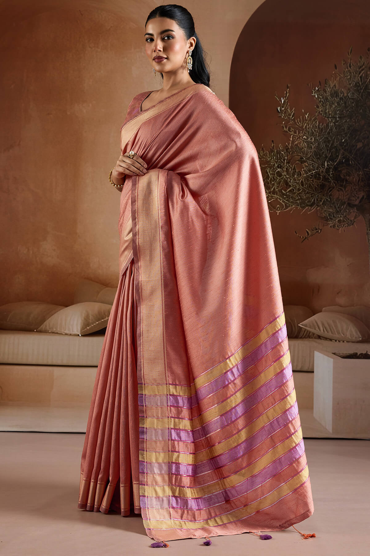 Splendorous Peach Soft Banarasi Bhagalpuri Silk Saree With Evanescent Blouse Piece