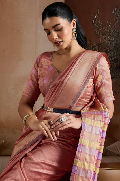 Splendorous Peach Soft Banarasi Bhagalpuri Silk Saree With Evanescent Blouse Piece