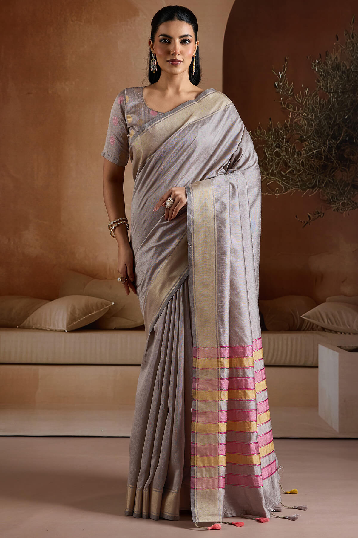 Most Flattering Grey Soft Banarasi Bhagalpuri Silk Saree With Charismatic Blouse Piece