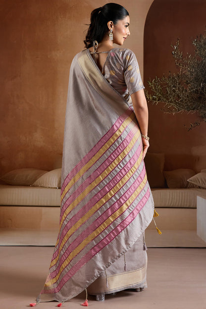 Most Flattering Grey Soft Banarasi Bhagalpuri Silk Saree With Charismatic Blouse Piece