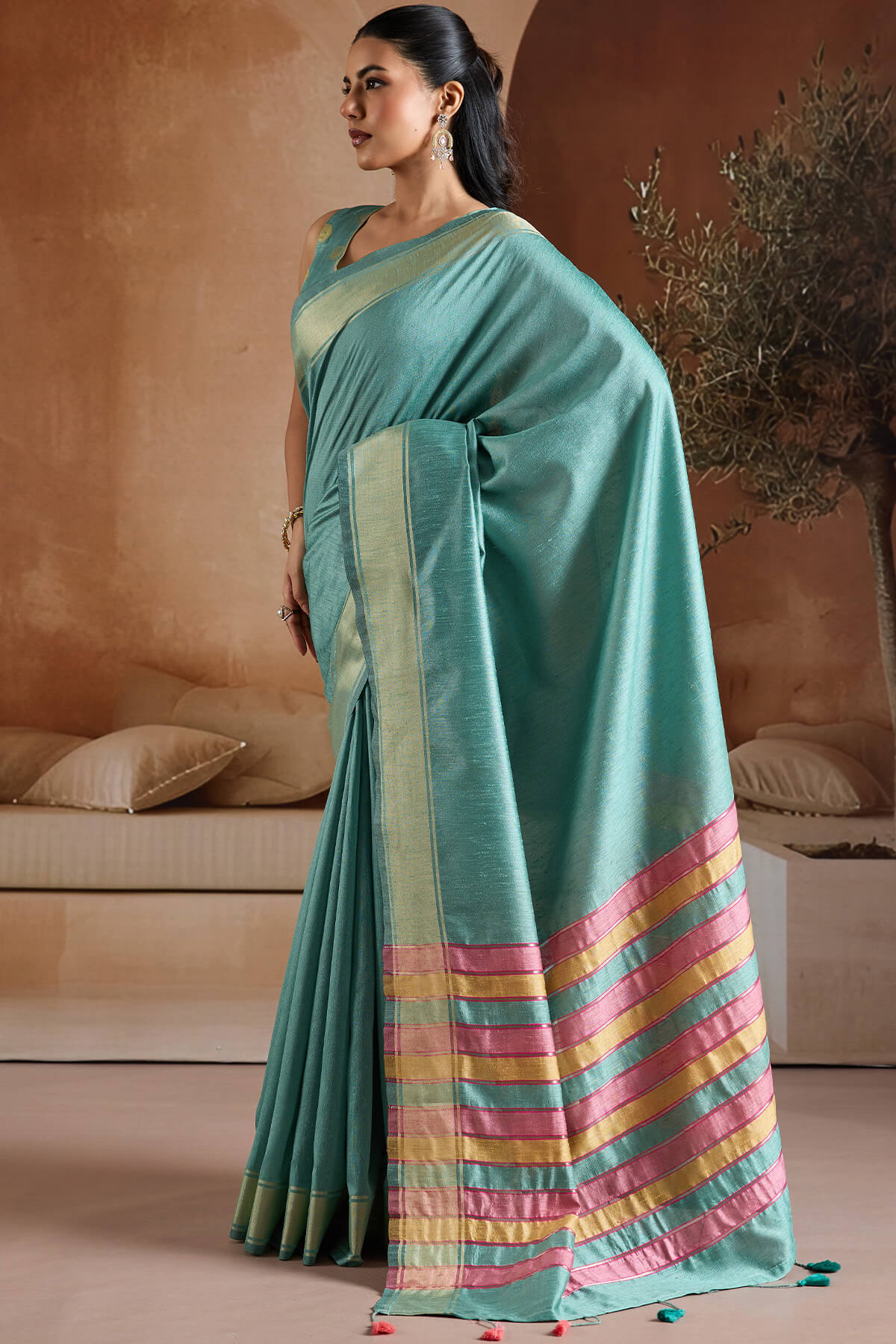 Proficient Firozi Soft Banarasi Bhagalpuri Silk Saree With Woebegone Blouse Piece