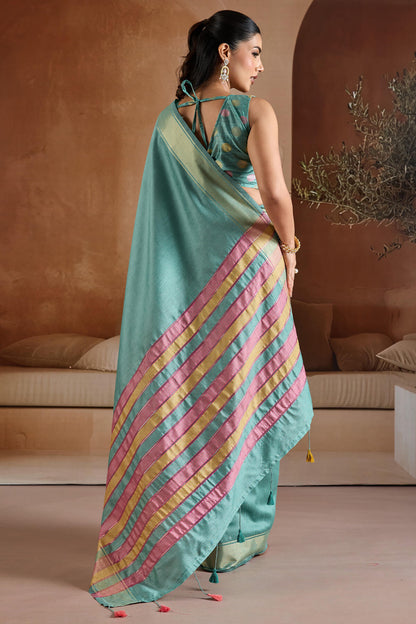 Proficient Firozi Soft Banarasi Bhagalpuri Silk Saree With Woebegone Blouse Piece