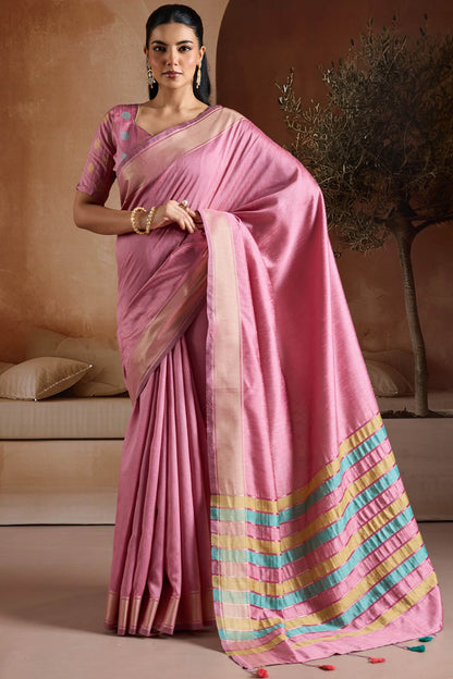 Angelic Pink Soft Banarasi Bhagalpuri Silk Saree With Sumptuous Blouse Piece