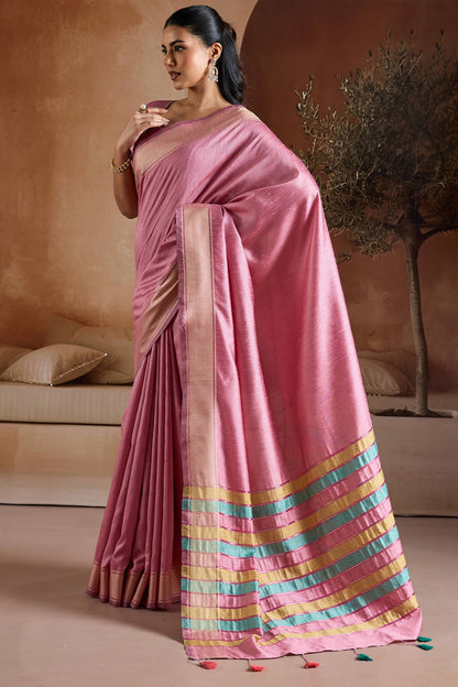 Angelic Pink Soft Banarasi Bhagalpuri Silk Saree With Sumptuous Blouse Piece
