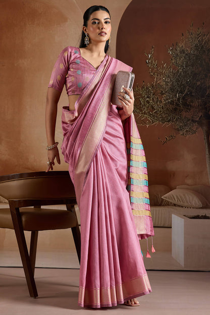 Angelic Pink Soft Banarasi Bhagalpuri Silk Saree With Sumptuous Blouse Piece