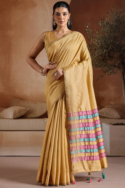 Energetic Yellow Soft Banarasi Bhagalpuri Silk Saree With Moiety Blouse Piece