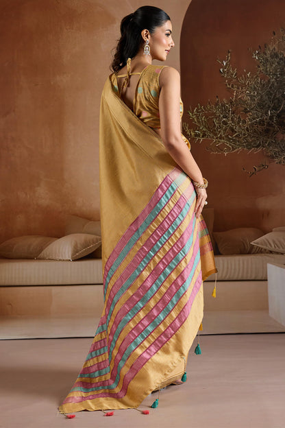 Energetic Yellow Soft Banarasi Bhagalpuri Silk Saree With Moiety Blouse Piece