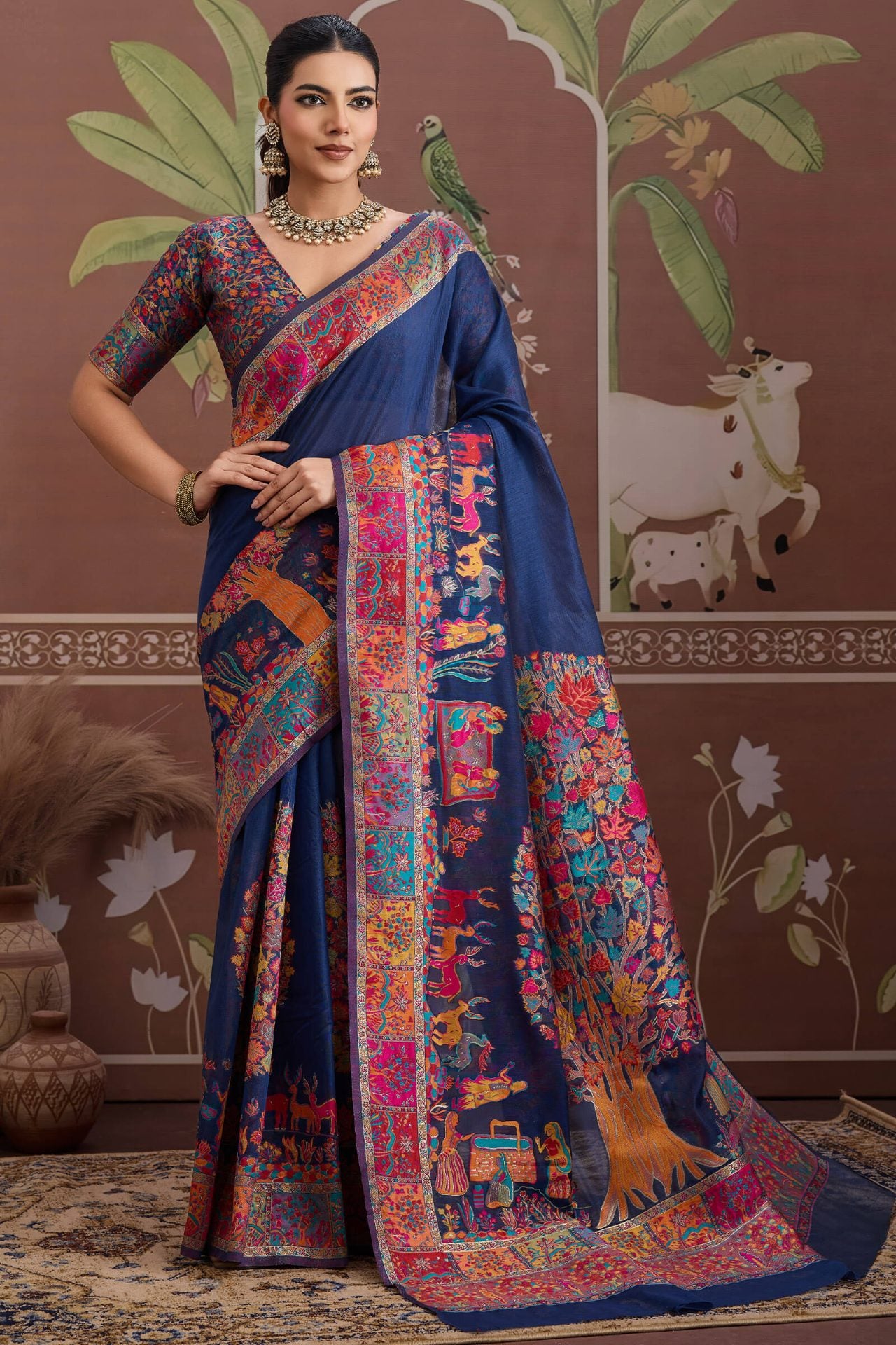 Desuetude Navy Blue Pashmina saree With Majestic Blouse Piece